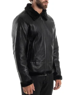 Giubbotto Montone Uomo Ecopelle College Con Zip Giacca Con Collo Imbottito Caldo Aviatore Con Pelliccia Casual Nero GIOSAL-G3225A