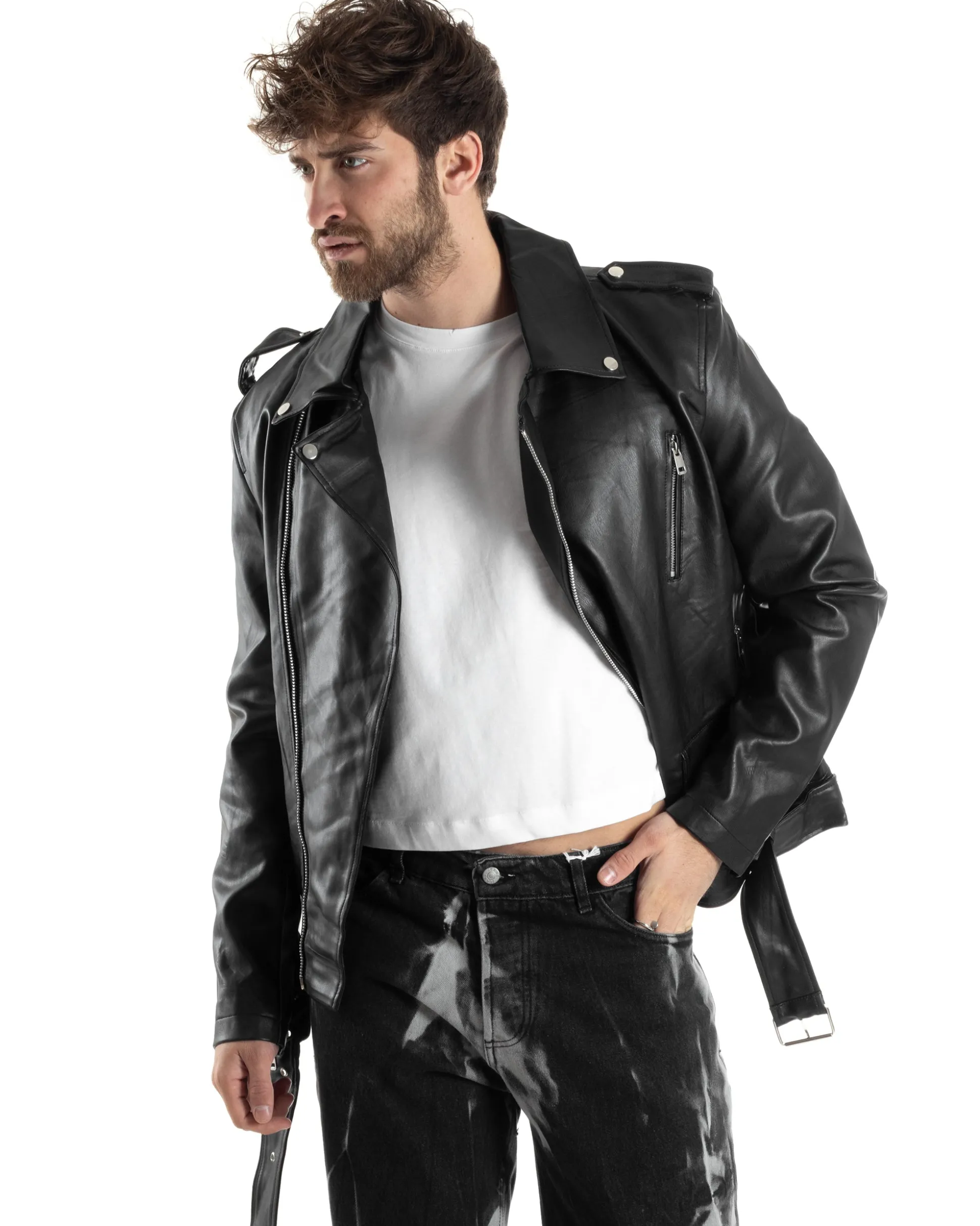 Giubbotto uomo biker chiodo ecopelle morbida casual nero GIOSAL-G3169A