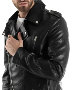 Giubbotto uomo biker chiodo ecopelle morbida casual nero GIOSAL-G3169A