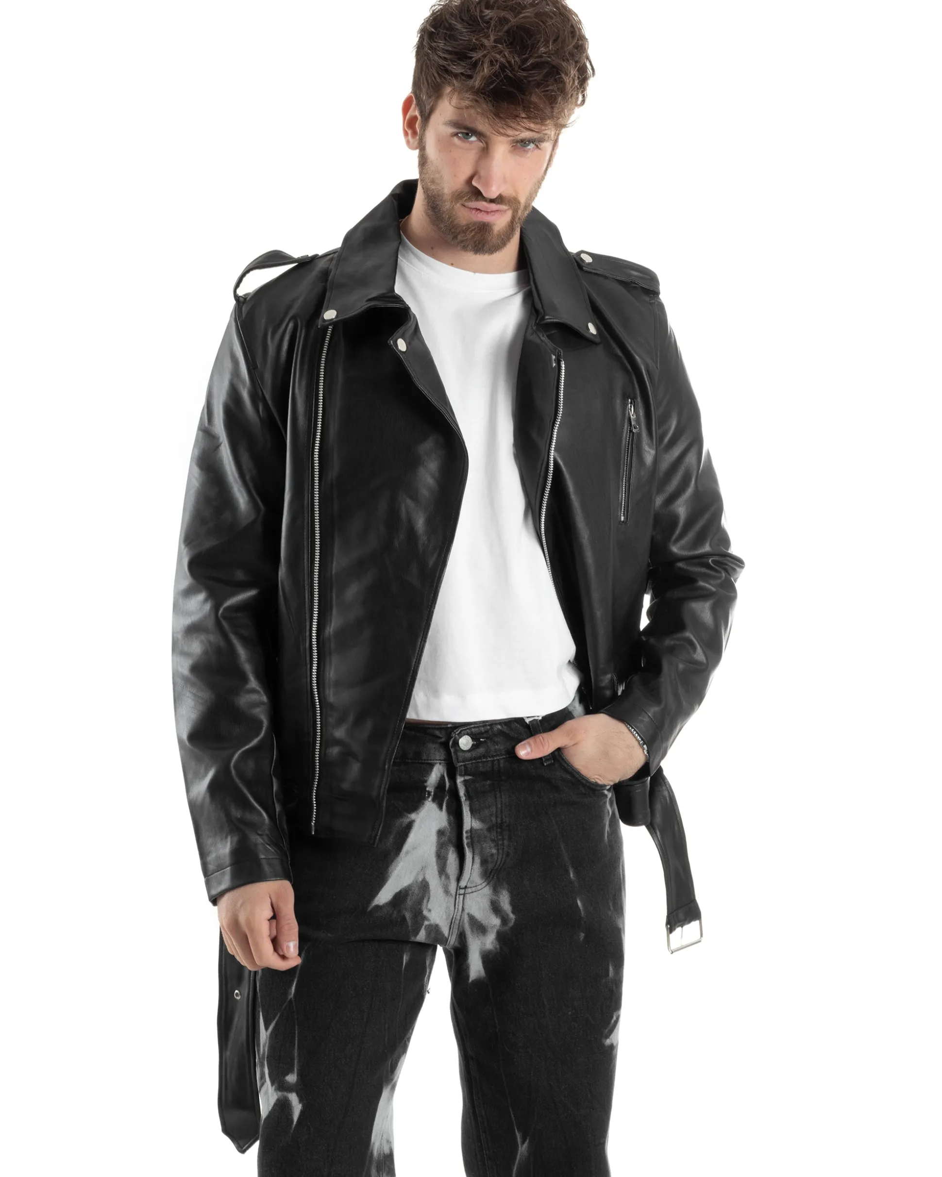 Giubbotto uomo biker chiodo ecopelle morbida casual nero GIOSAL-G3169A