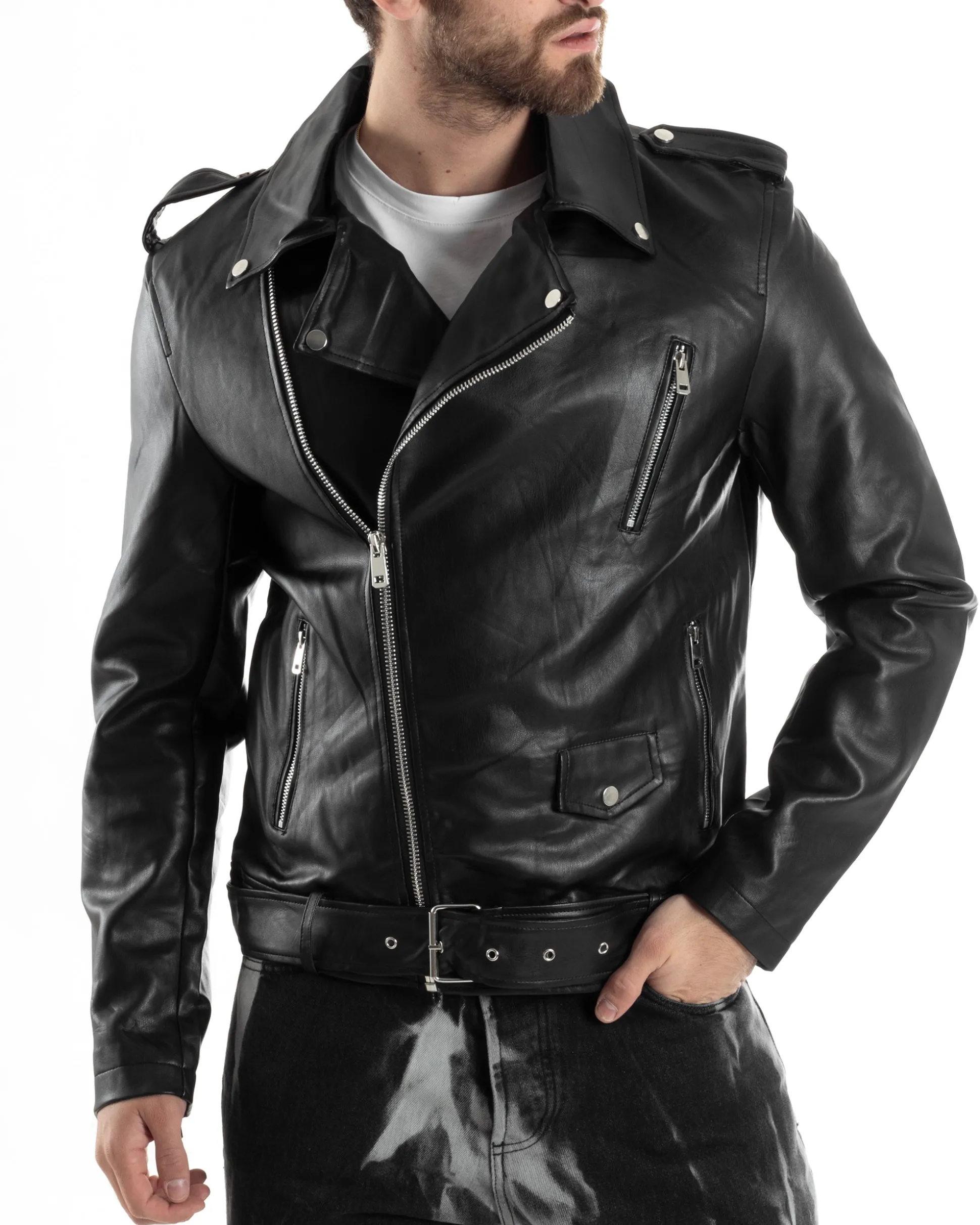 Giubbotto uomo biker chiodo ecopelle morbida casual nero GIOSAL-G3169A