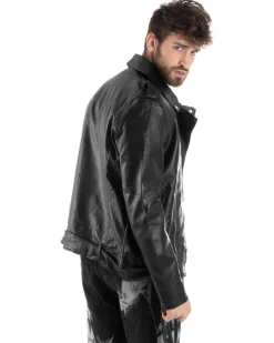Giubbotto uomo biker chiodo ecopelle morbida casual nero GIOSAL-G3169A