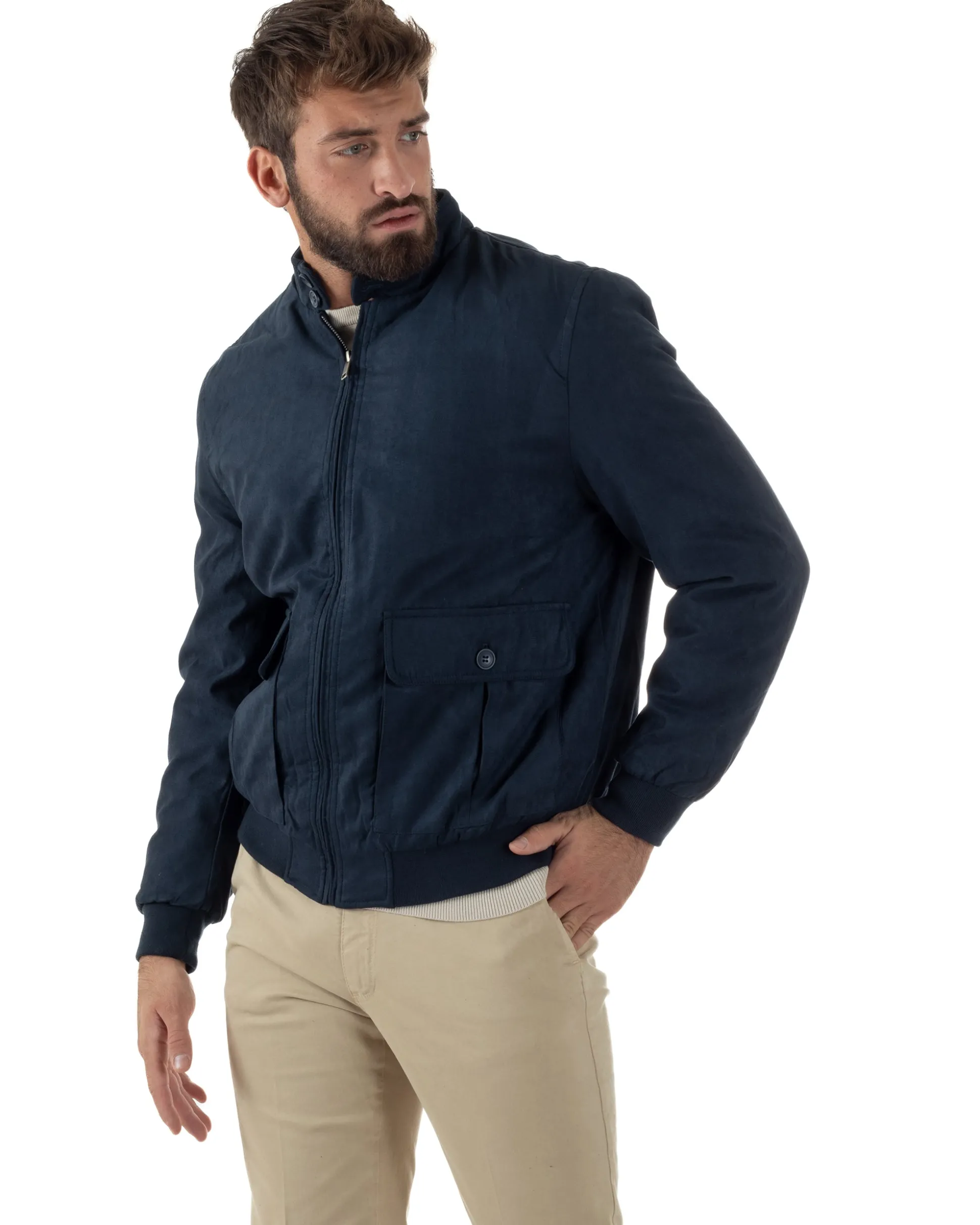 Giubbotto Uomo Bomber Camoscio Morbido Zip Tasconi Blu G3376A