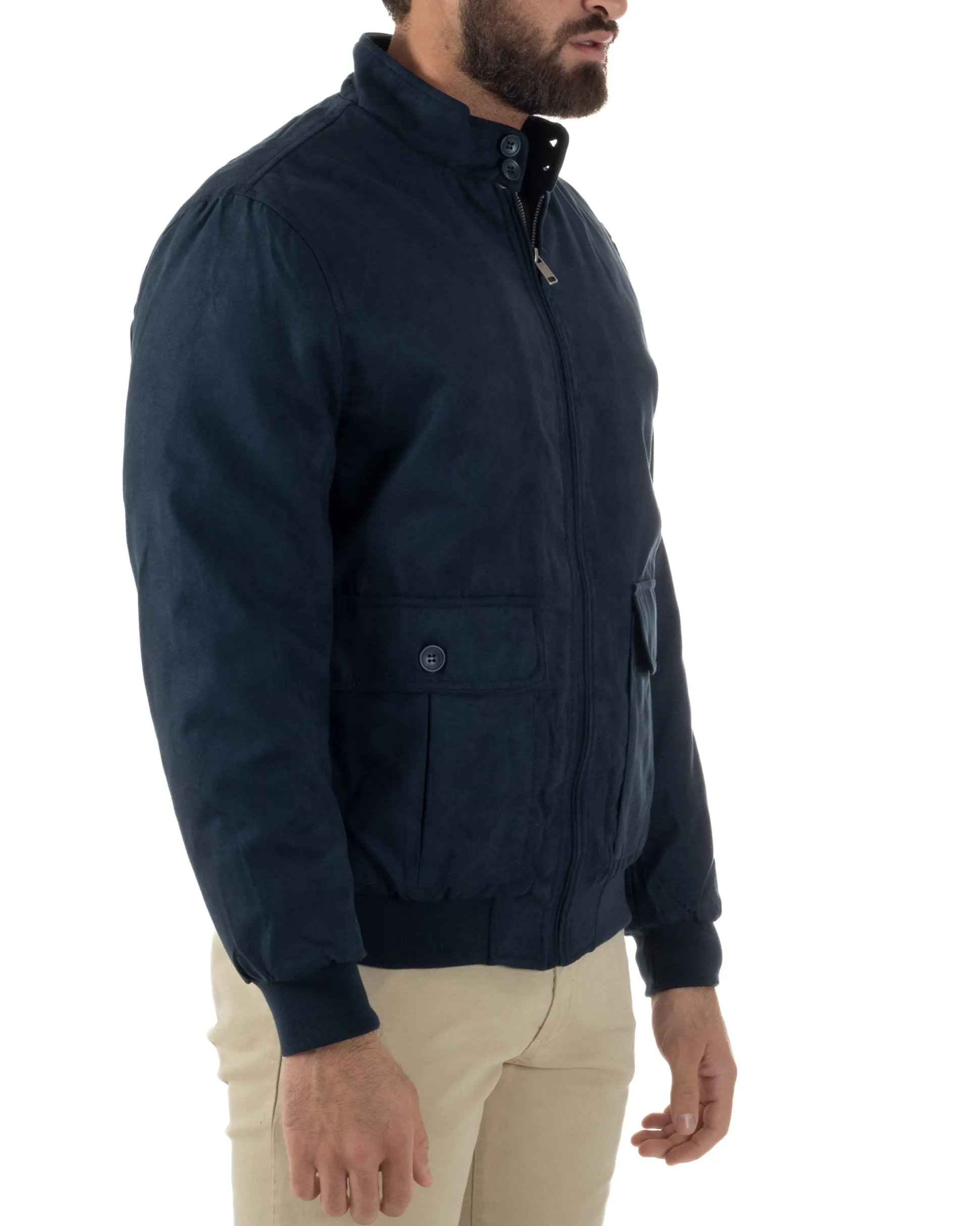 Giubbotto Uomo Bomber Camoscio Morbido Zip Tasconi Blu G3376A