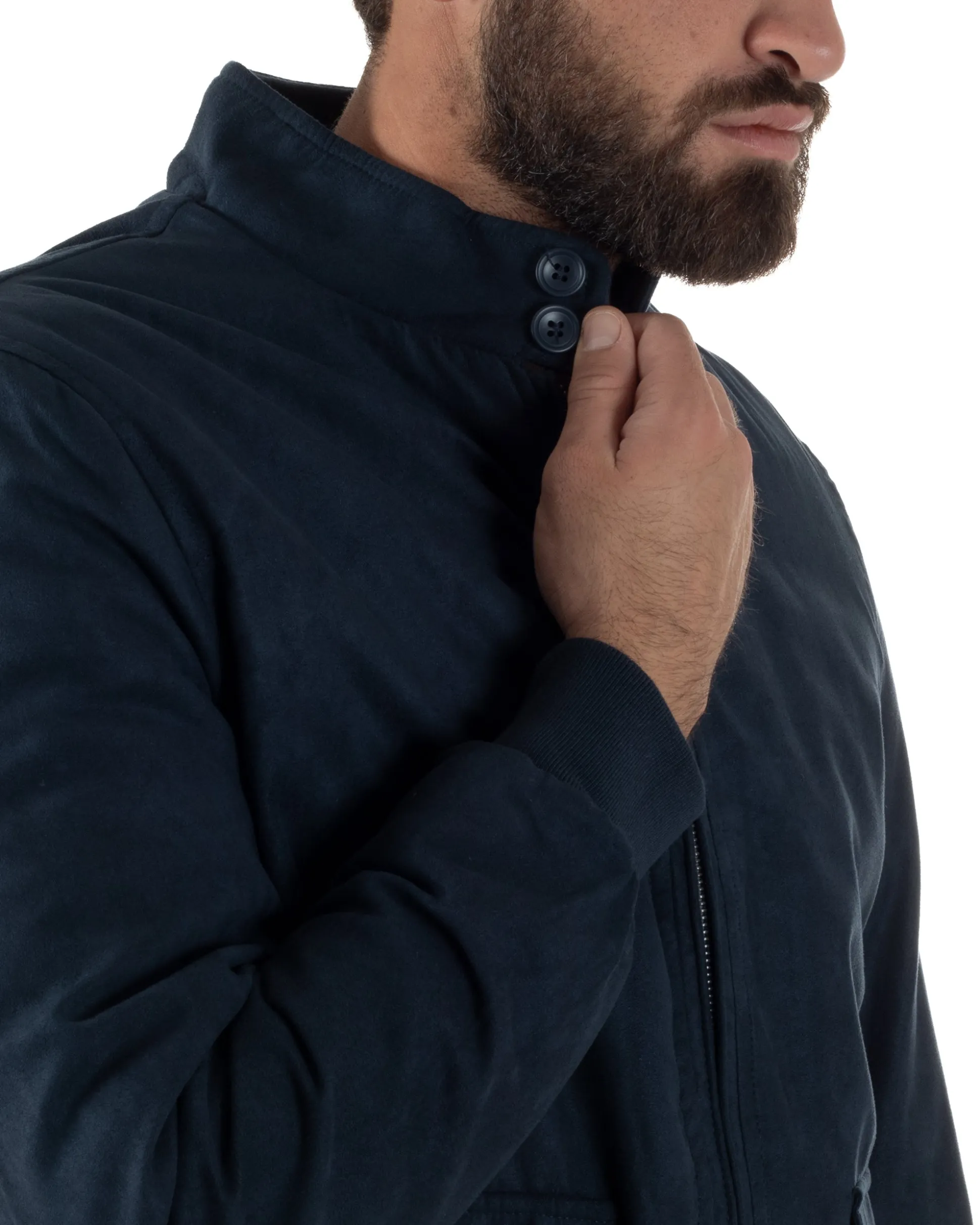 Giubbotto Uomo Bomber Camoscio Morbido Zip Tasconi Blu G3376A