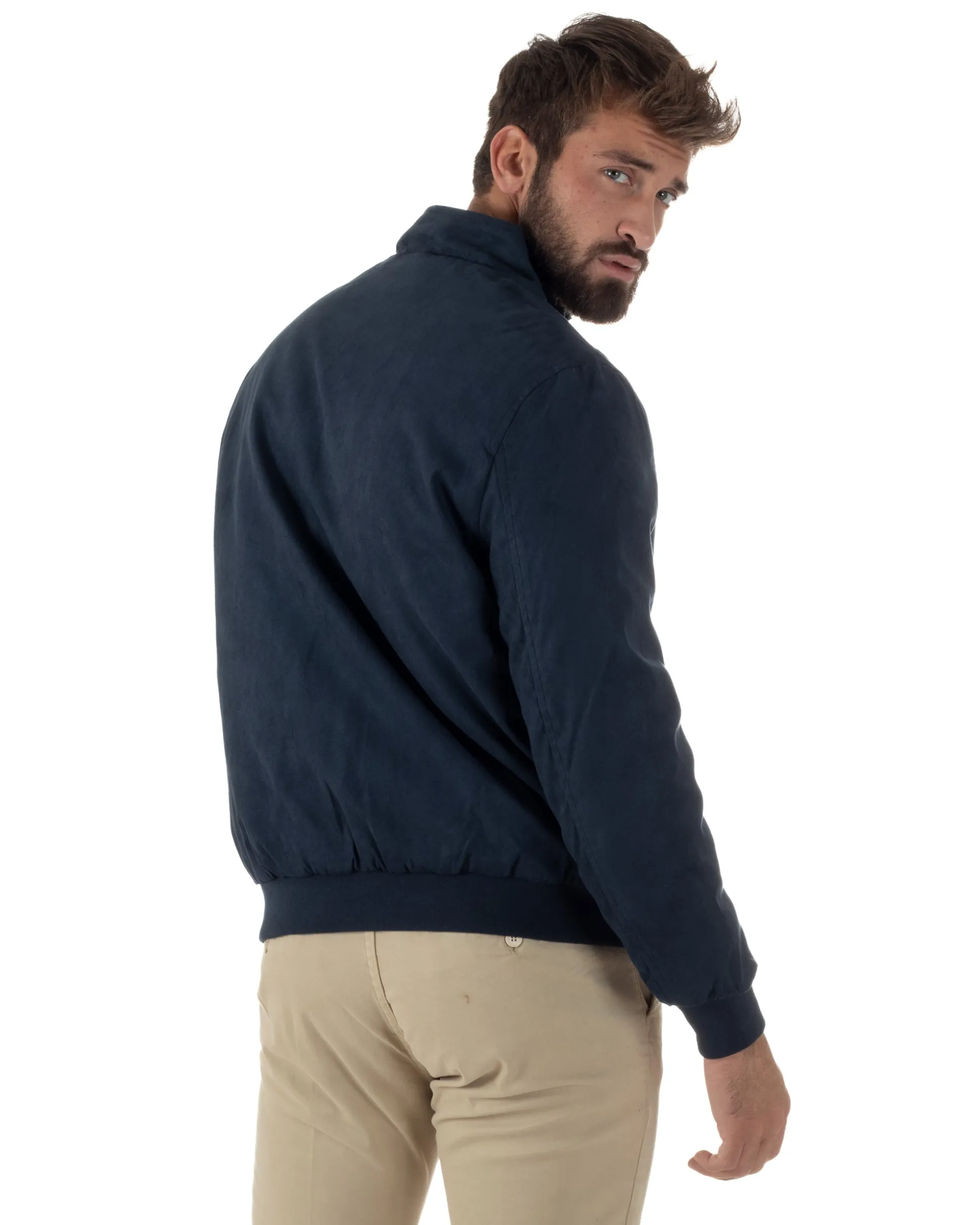 Giubbotto Uomo Bomber Camoscio Morbido Zip Tasconi Blu G3376A