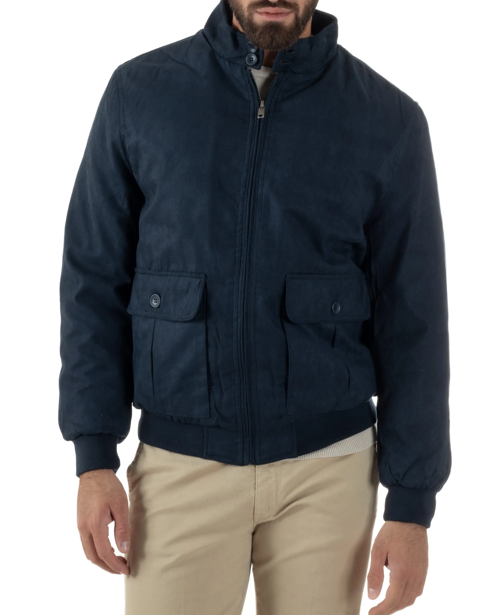 Giubbotto Uomo Bomber Camoscio Morbido Zip Tasconi Blu G3376A