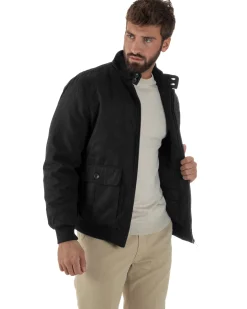 Giubbotto Uomo Bomber Camoscio Morbido Zip Tasconi Nero G3378A