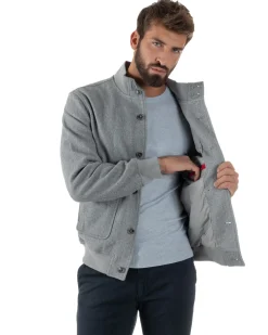 Giubbotto Uomo Bomber Giacca College Panno Bottoni Grigio G3382A