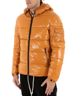 Giubbotto Uomo Bomber Lucido Vernice Cappuccio Tinta Unita Senape GIOSAL-G2655A