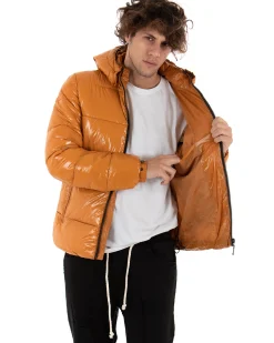 Giubbotto Uomo Bomber Lucido Vernice Cappuccio Tinta Unita Senape GIOSAL-G2655A