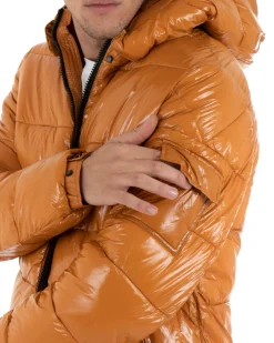 Giubbotto Uomo Bomber Lucido Vernice Cappuccio Tinta Unita Senape GIOSAL-G2655A