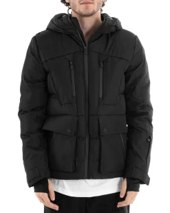 Giubbotto Uomo Bomber Nero Tasche Cappuccio Casual Imbottito GIOSAL-G3004A