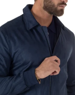 Giubbotto uomo camoscio giacca colletto zip blu GIOSAL-G3392A