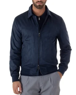 Giubbotto uomo camoscio giacca colletto zip blu GIOSAL-G3392A