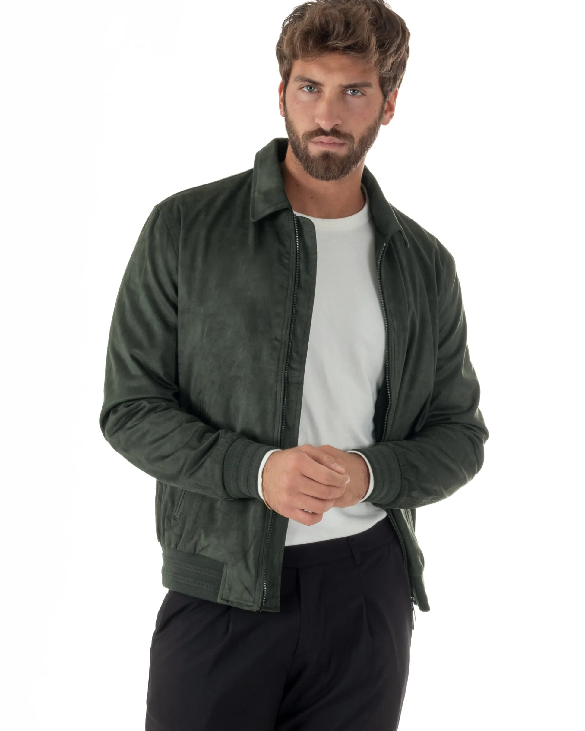 Giubbotto uomo camoscio giacca colletto zip verde GIOSAL-G3393A