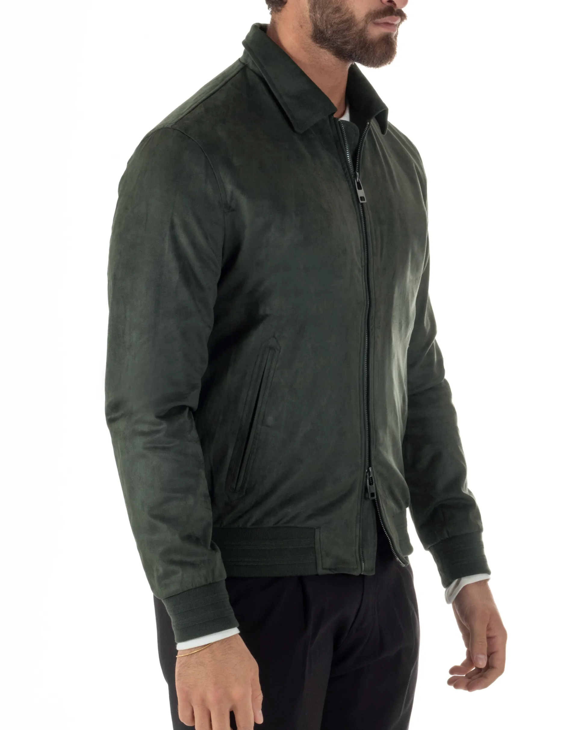 Giubbotto uomo camoscio giacca colletto zip verde GIOSAL-G3393A