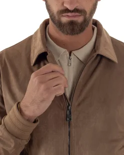 Giubbotto uomo camoscio giacca colletto zip beige GIOSAL-G3391A