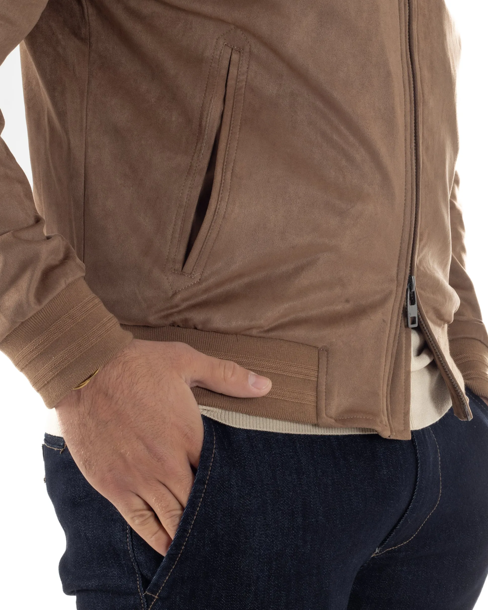 Giubbotto uomo camoscio giacca colletto zip beige GIOSAL-G3391A