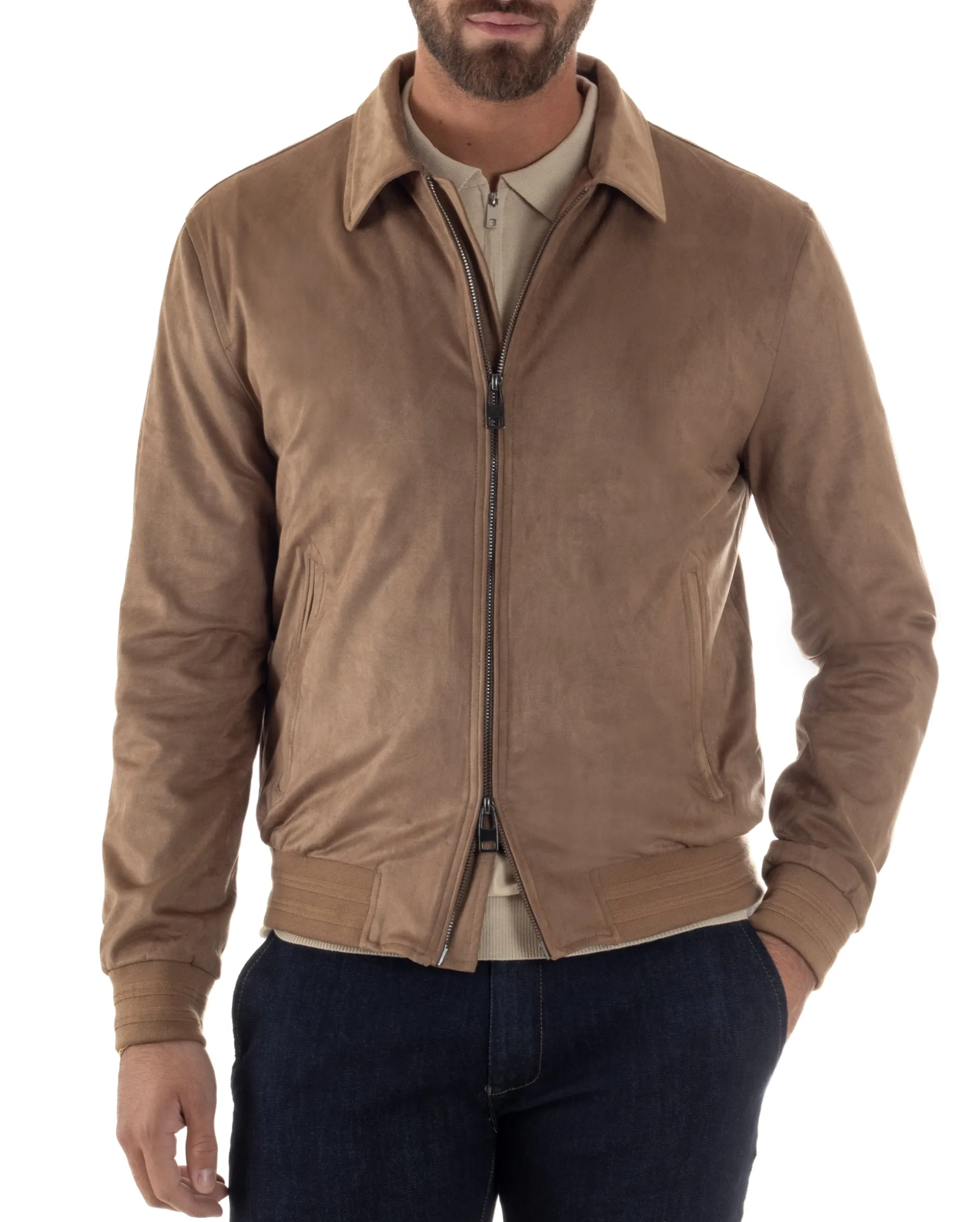 Giubbotto uomo camoscio giacca colletto zip beige GIOSAL-G3391A