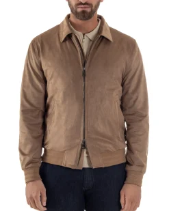 Giubbotto uomo camoscio giacca colletto zip beige GIOSAL-G3391A