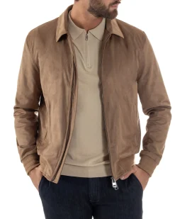 Giubbotto uomo camoscio giacca colletto zip beige GIOSAL-G3391A