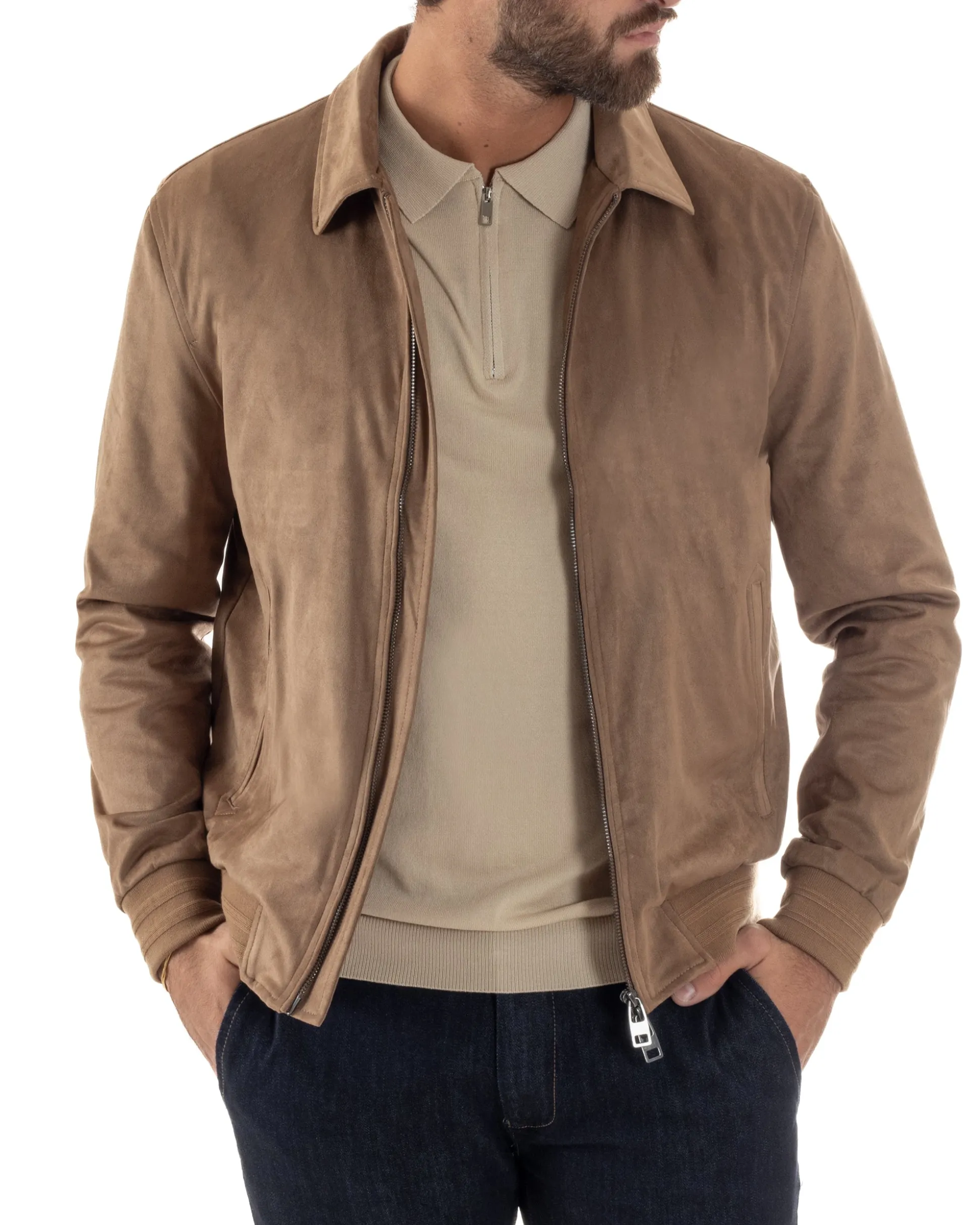 Giubbotto uomo camoscio giacca colletto zip beige GIOSAL-G3391A