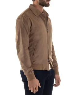 Giubbotto uomo camoscio giacca colletto zip beige GIOSAL-G3391A