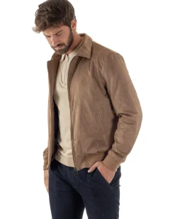 Giubbotto uomo camoscio giacca colletto zip beige GIOSAL-G3391A