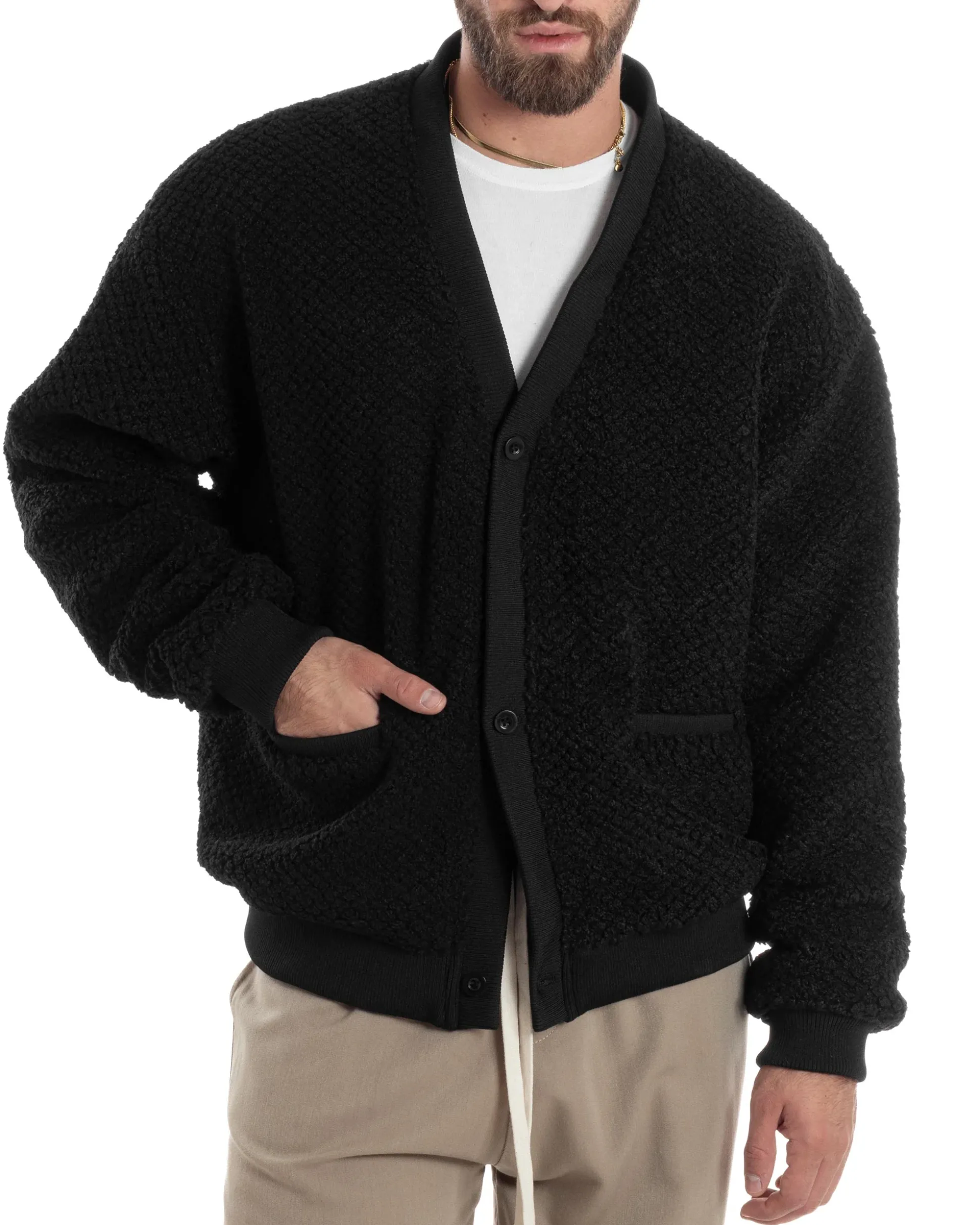 Giubbotto Uomo Cardigan Maglione Caldo Morbido Imbottito Giacca Casual Tinta Unita Nero GIOSAL-G3259A