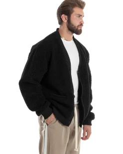 Giubbotto Uomo Cardigan Maglione Caldo Morbido Imbottito Giacca Casual Tinta Unita Nero GIOSAL-G3259A
