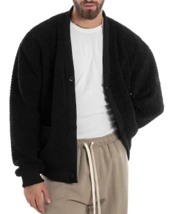 Giubbotto Uomo Cardigan Maglione Caldo Morbido Imbottito Giacca Casual Tinta Unita Nero GIOSAL-G3259A
