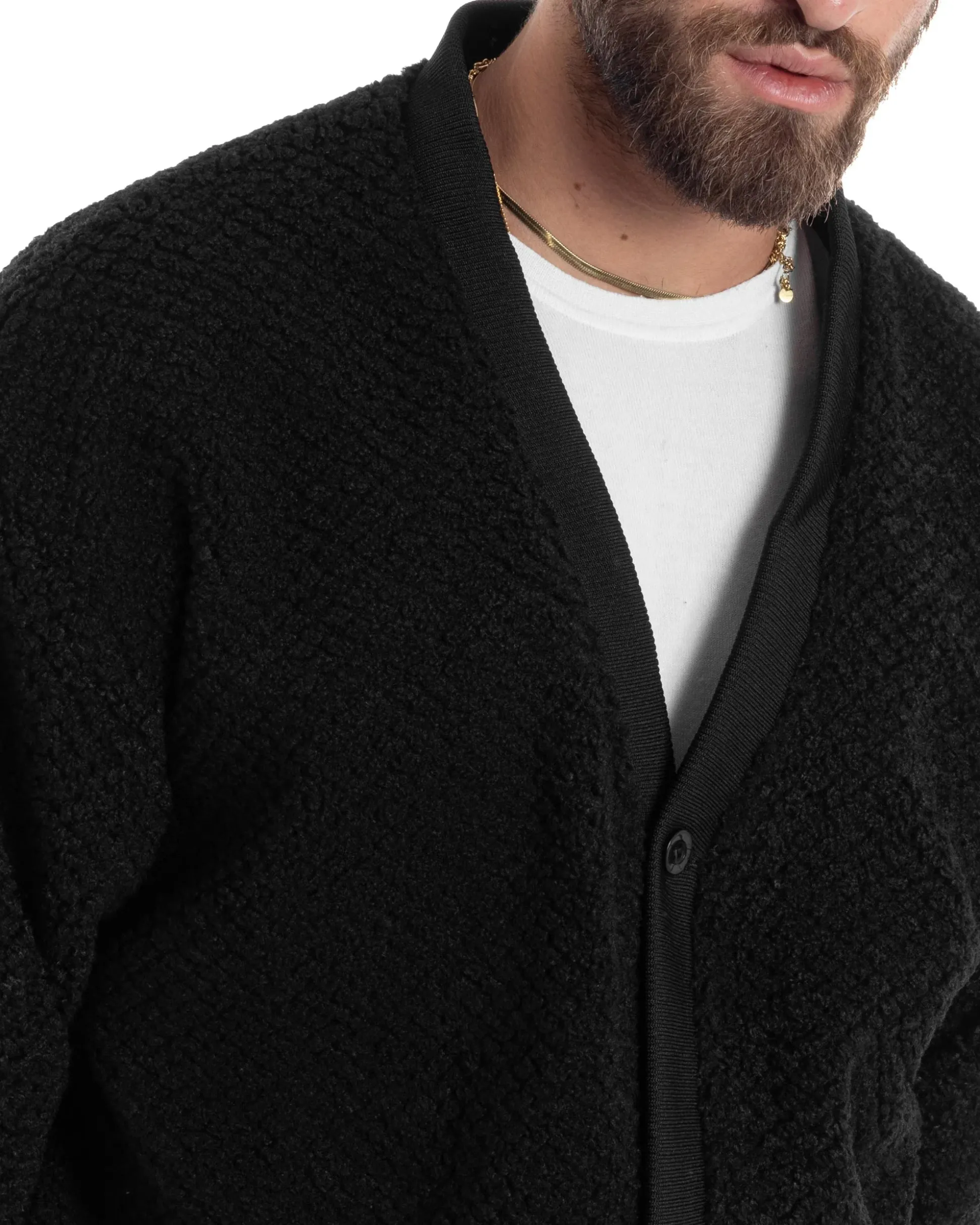 Giubbotto Uomo Cardigan Maglione Caldo Morbido Imbottito Giacca Casual Tinta Unita Nero GIOSAL-G3259A