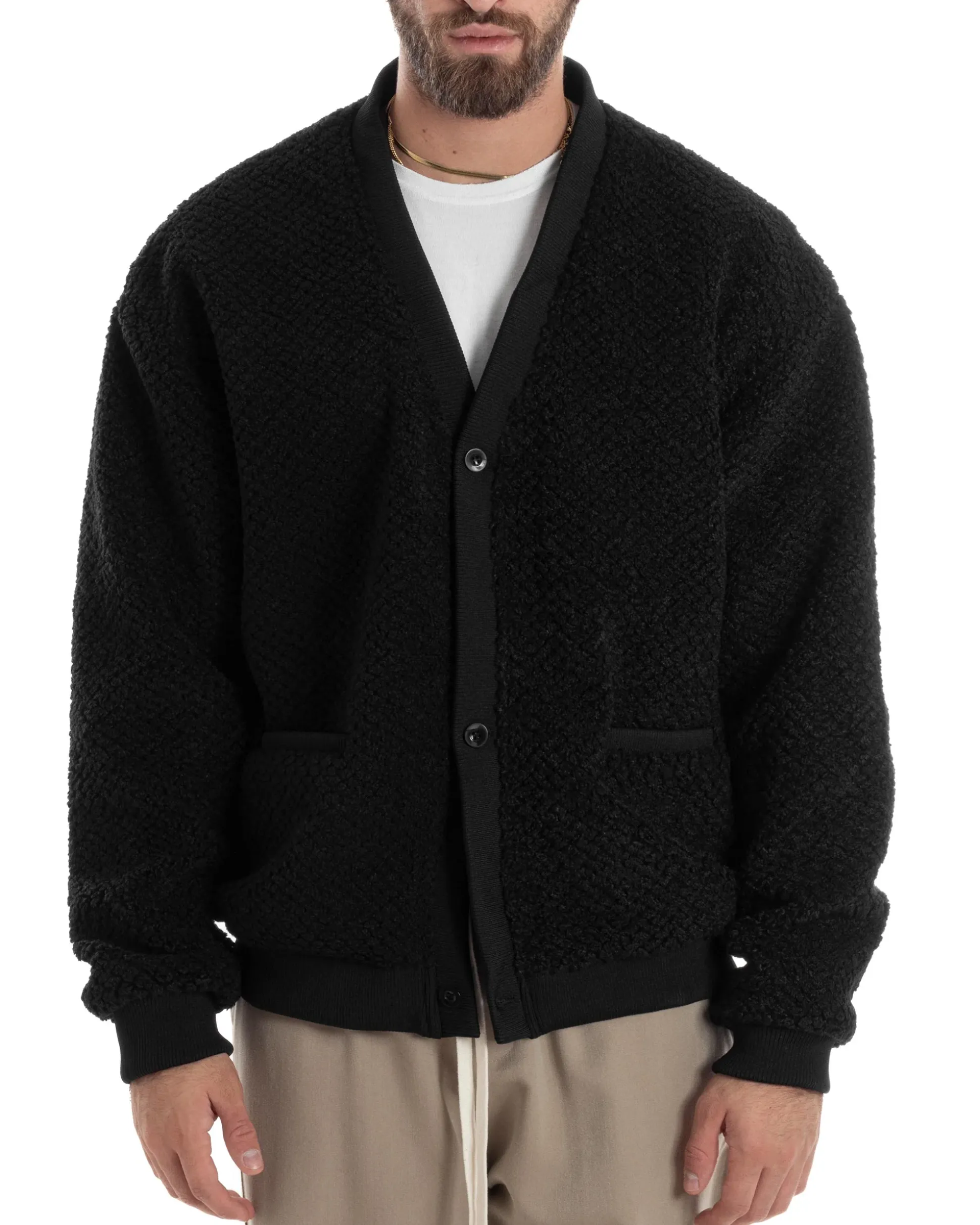 Giubbotto Uomo Cardigan Maglione Caldo Morbido Imbottito Giacca Casual Tinta Unita Nero GIOSAL-G3259A