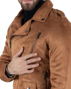 Giubbotto Uomo Chiodo Camoscio Zip Biker Imbottito Camel G3150A