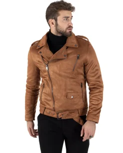 Giubbotto Uomo Chiodo Camoscio Zip Biker Imbottito Camel G3150A