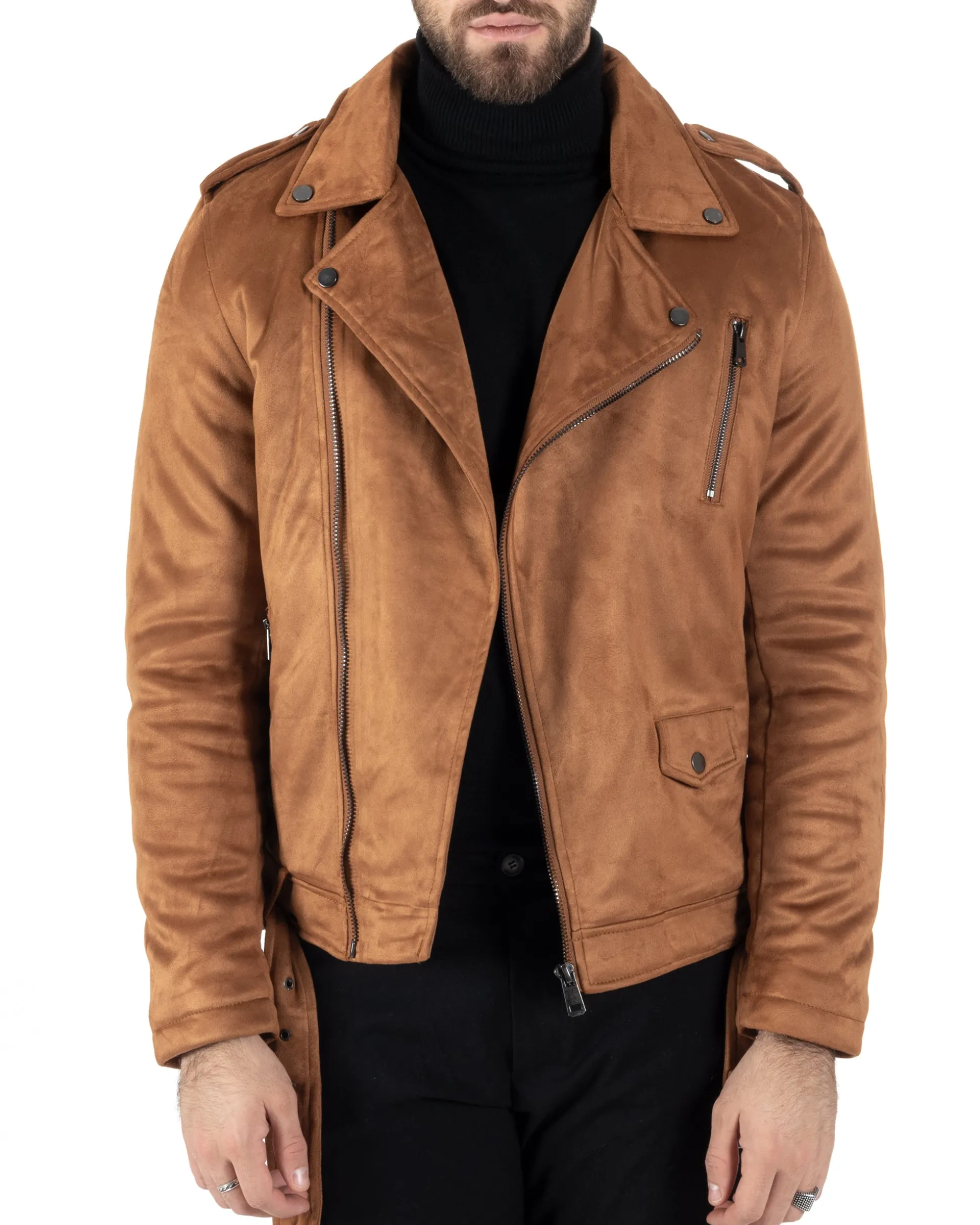 Giubbotto Uomo Chiodo Camoscio Zip Biker Imbottito Camel G3150A