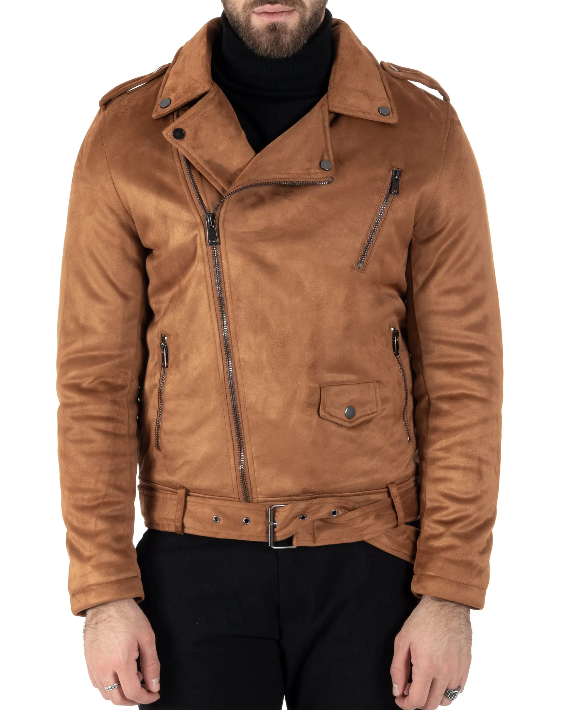 Giubbotto Uomo Chiodo Camoscio Zip Biker Imbottito Camel G3150A