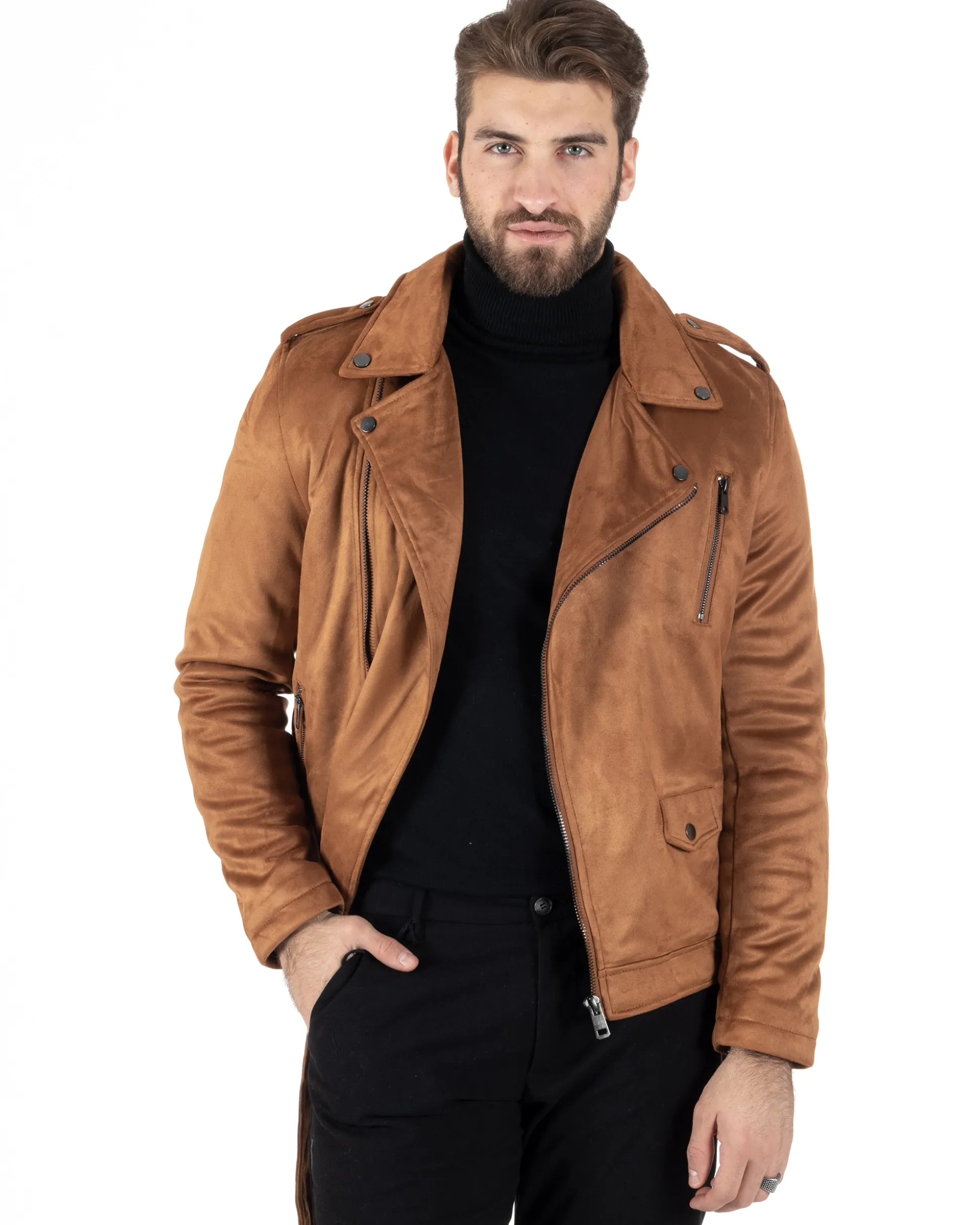 Giubbotto Uomo Chiodo Camoscio Zip Biker Imbottito Camel G3150A