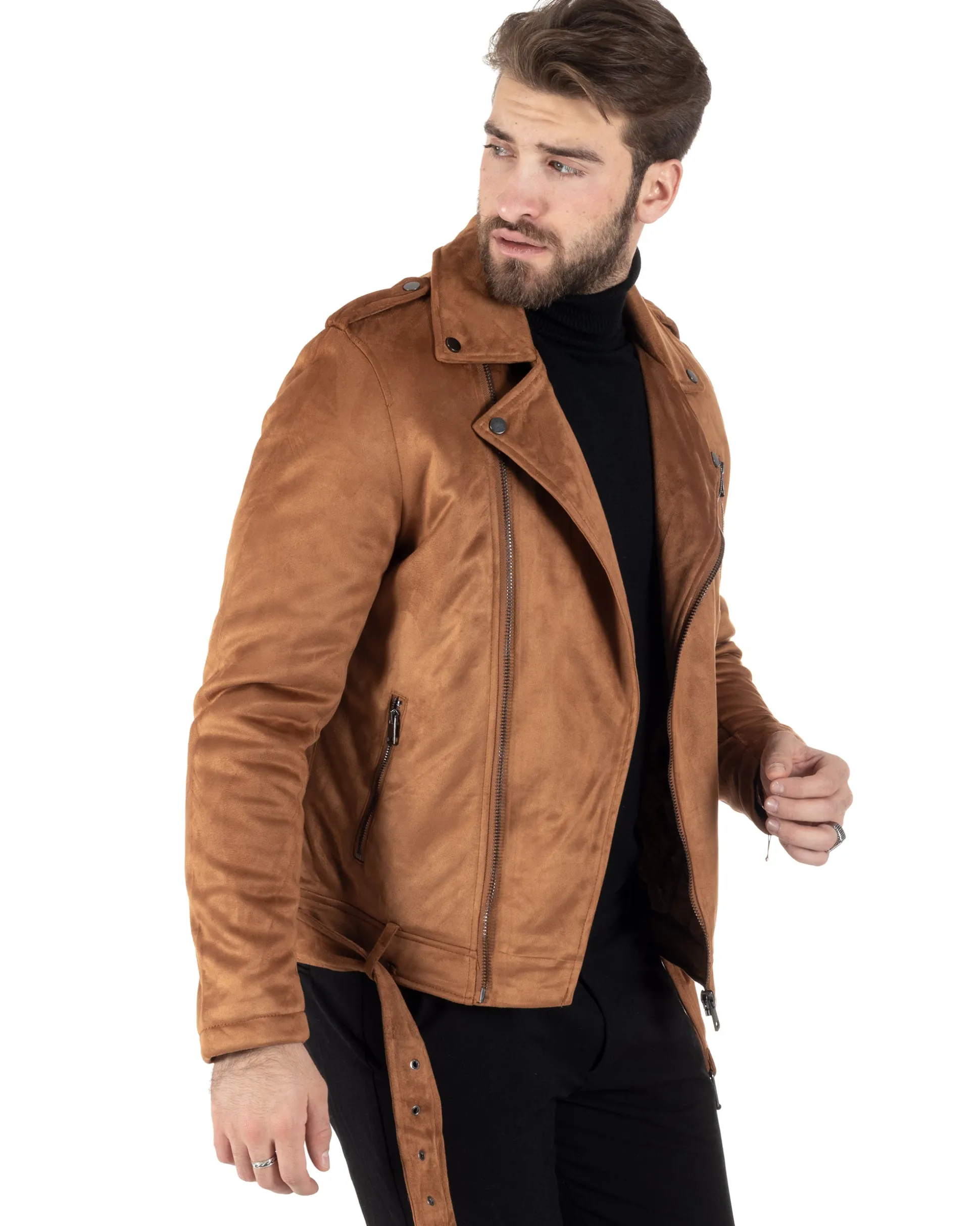 Giubbotto Uomo Chiodo Camoscio Zip Biker Imbottito Camel G3150A