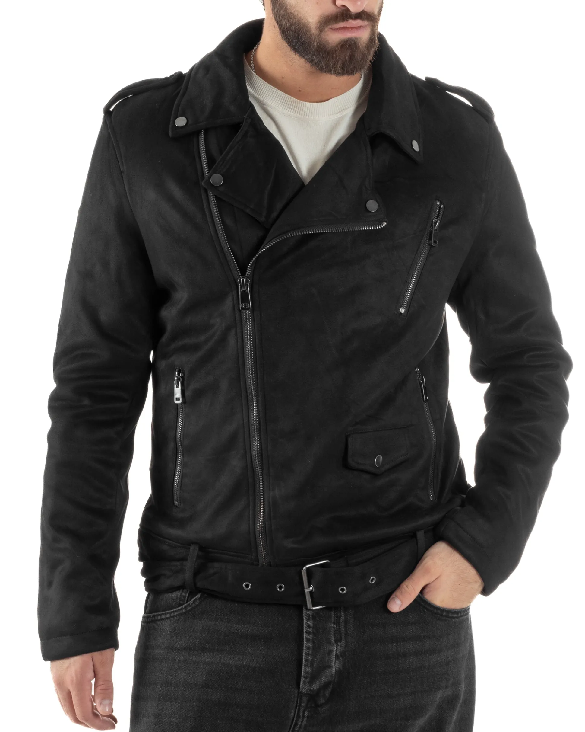 Giubbotto Uomo Chiodo Camoscio Zip Biker Imbottito Nero G3366A