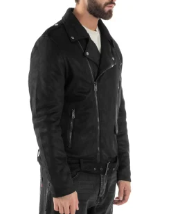 Giubbotto Uomo Chiodo Camoscio Zip Biker Imbottito Nero G3366A