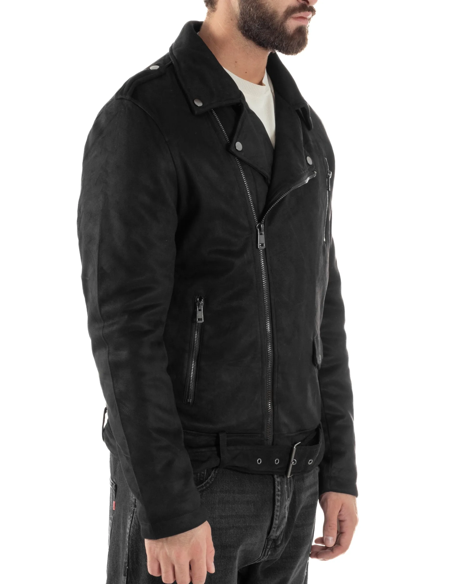 Giubbotto Uomo Chiodo Camoscio Zip Biker Imbottito Nero G3366A