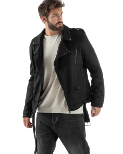 Giubbotto Uomo Chiodo Camoscio Zip Biker Imbottito Nero G3366A