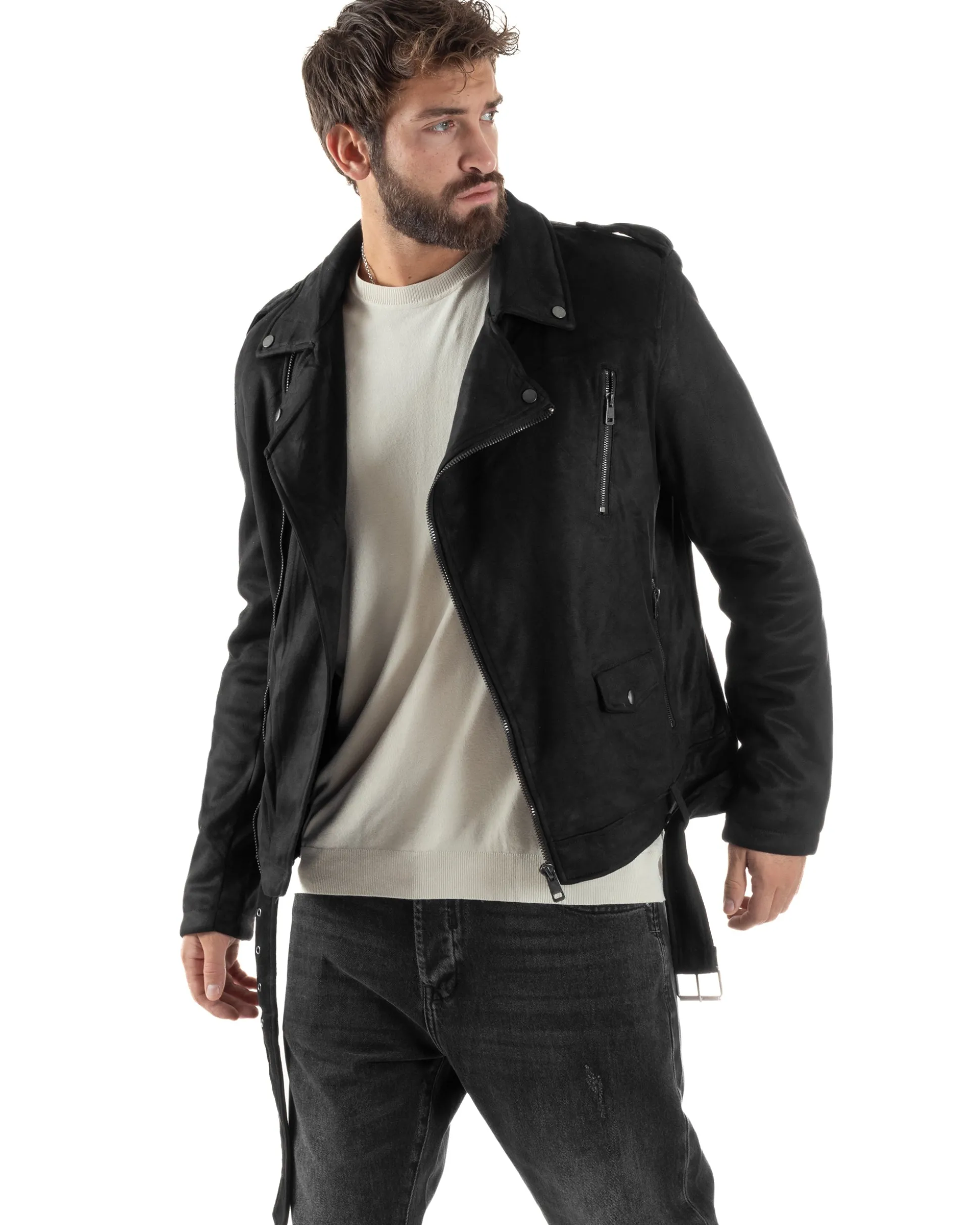 Giubbotto Uomo Chiodo Camoscio Zip Biker Imbottito Nero G3366A