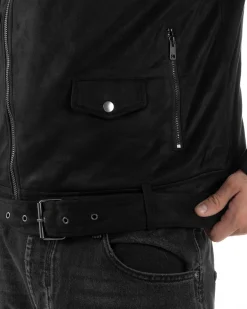 Giubbotto Uomo Chiodo Camoscio Zip Biker Imbottito Nero G3366A