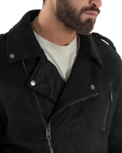 Giubbotto Uomo Chiodo Camoscio Zip Biker Imbottito Nero G3366A