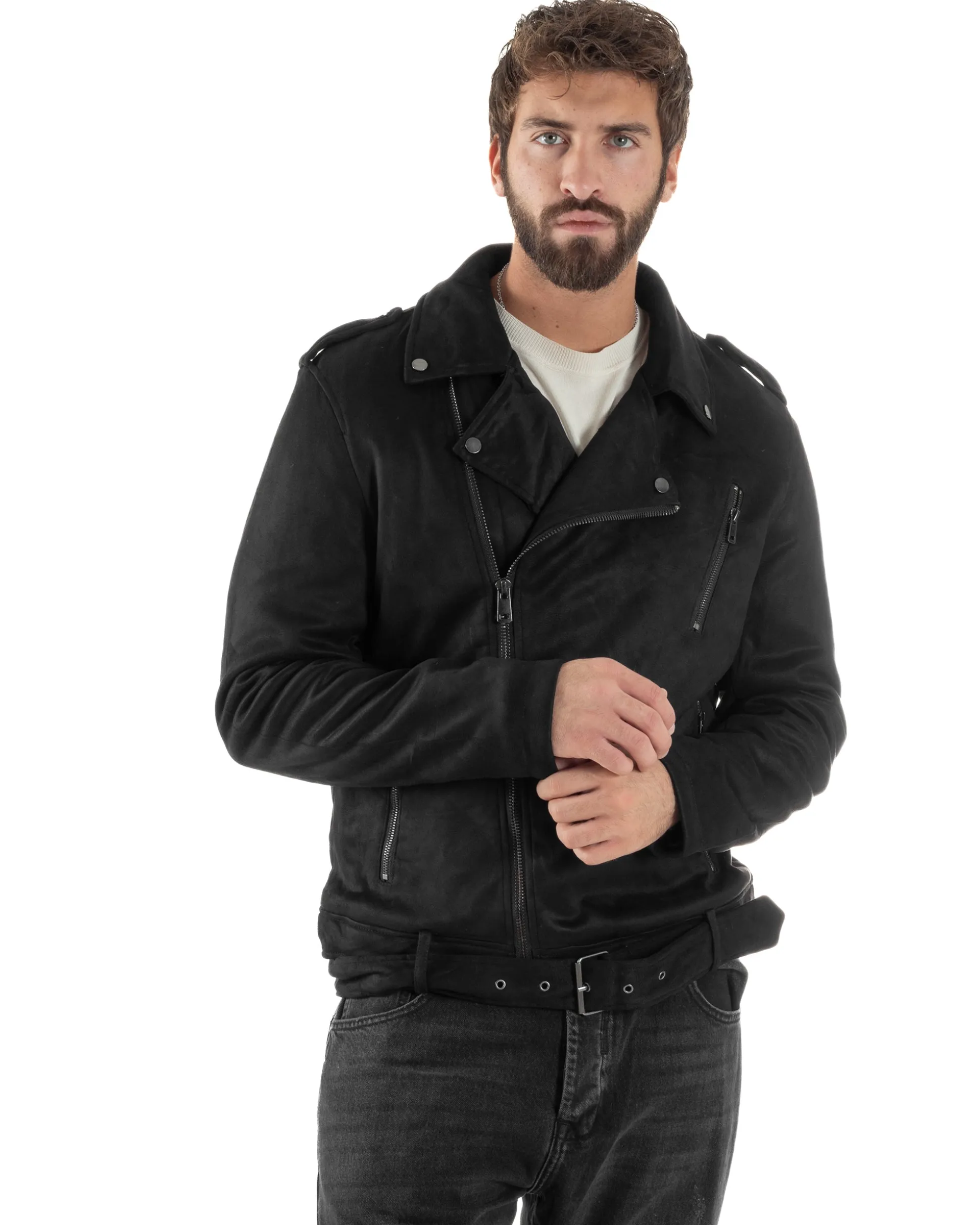 Giubbotto Uomo Chiodo Camoscio Zip Biker Imbottito Nero G3366A