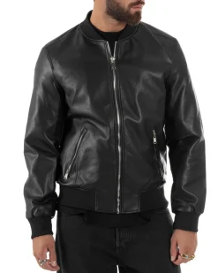 Giubbotto Uomo College Ecopelle Vintage Biker Basic Imbottito Nero G3337A
