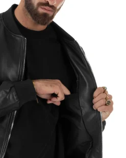 Giubbotto Uomo College Ecopelle Vintage Biker Basic Imbottito Nero G3337A